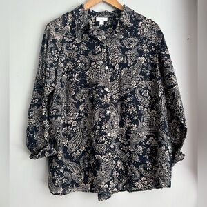 J. Jill Navy and Tan Floral Paisley Shirt Button-Up Blouse Women's Medium